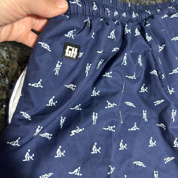 Greater Half Sex Ed Swim Trunks Navy Blue Mens Large EUC Pride Apparel - Picture 4 of 8